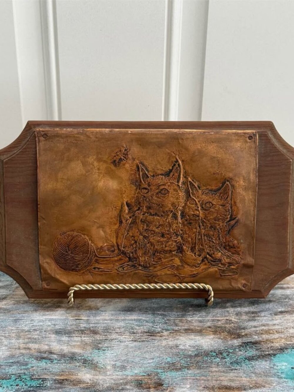 Vintage Embossed Copper on Wood Wall Plaque w/kittens playing with Yarn